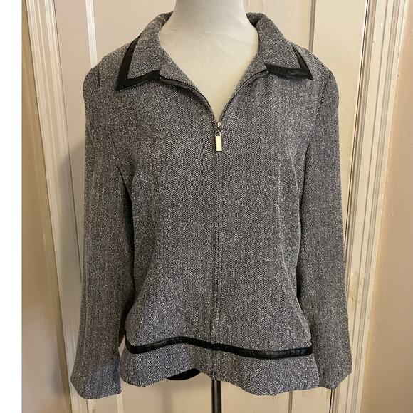 Sag Harbor Women’s Gray Zip-Up Jacket with Faux Leather Trim - Picture 1 of 14